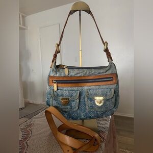 Denim and Brown Designer Shoulder Bag